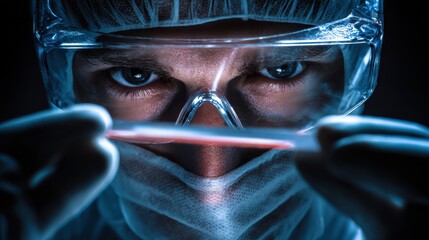 Technician in protective gear examining a sample with ultrathin selfhealing nanocoating emphasizing cuttingedge material science advancements and applications.