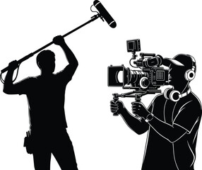  Professional film crew silhouette recording video scene, cameraman with stabilizer and boom microphone operator, movie production process, filmmaking equipment, black vector illustration © Fazlul