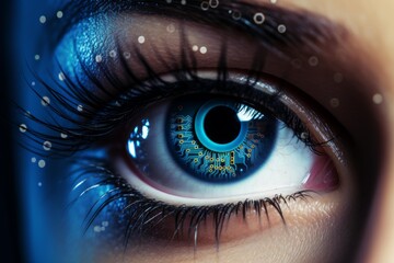 Close up of woman eye with integrated circuit, representing biometric scanning and artificial intelligence