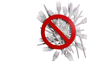 conceptual still life flat lay: disposable white plastic forks clustered under a red prohibition symbol on a vibrant magenta background with bold 'banned' text and copy space. Environmental activism