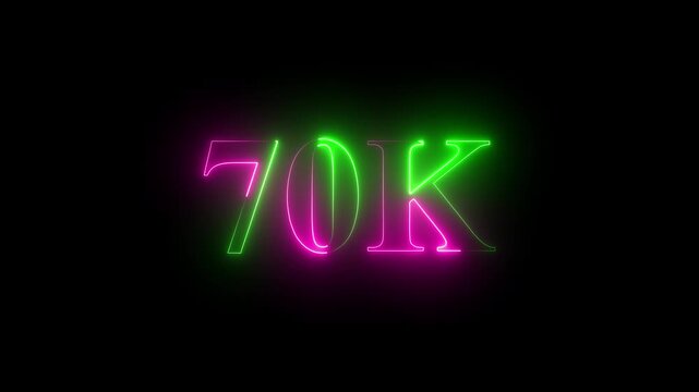 Glowing neon 70k text font effect, 70k followers, Thank You, social sites post. Thank you followers congratulation.