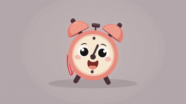 A cute pink cartoon alarm clock with a happy face and small arms on a plain background.