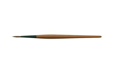 Artist paintbrush with a slender wooden handle and dark green ferrule, holding fine pointed bristles. Transparent background