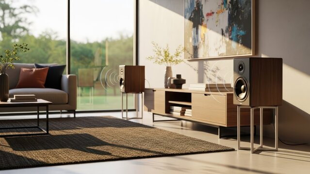 Modern living room interior with wooden speakers and sunny garden view
