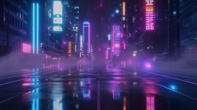 Futuristic city street at night illuminated by vibrant neon lights and reflections on a wet surface.