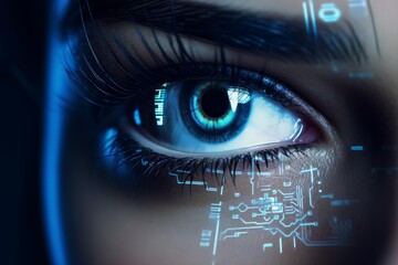 Close up of woman eye with futuristic digital circuit board, showing data analysis and technological advancement