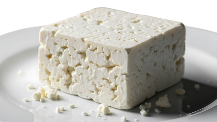 A cube of white feta cheese crumbles isolated on transparent background