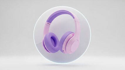 Pink & purple headphones suspended in a glowing, transparent orb on white