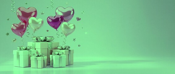 Colorful balloons and gifts for a celebration on a green background