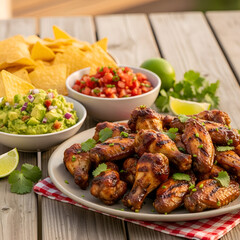 Glazed Chicken Wings Guacamole  Chips Outdoor Table