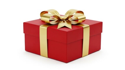 Obraz premium Red gift box with golden ribbon and bow, isolated on white background