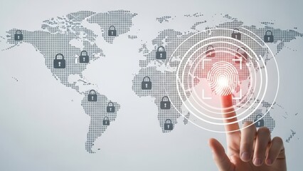 Global Cybersecurity Shield: Hand touching biometric fingerprint over world map for international data protection