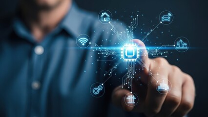 Connected Ecosystem Integration: Hand touching central microchip with smart city and automation icons for industrial networking