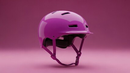 Fototapeta premium Shiny purple helmet with chin strap, on matching magenta background in studio shot