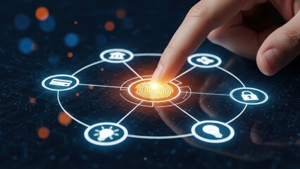 Integrated Cybersecurity Interface: Finger interacting with central biometric fingerprint node for encrypted data and financial security