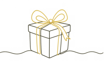 Minimalist gift box drawing with a golden bow, celebrating holidays, birthdays, and special occasions