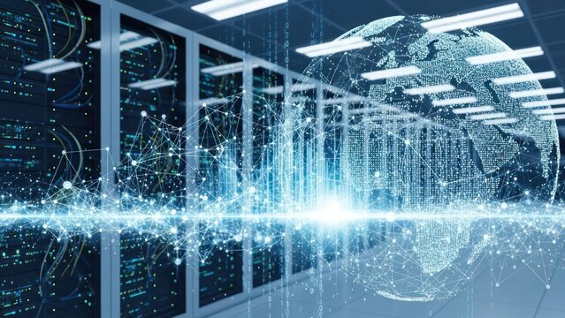 Server room with globe overlayed, lines and light create digital feeling - Powered by Adobe