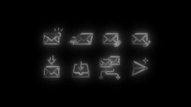 Futuristic neon line email icons set showing message sending, receiving, inbox, outbox, notification, attachment, forwarding, and paper plane send symbol. Glowing outline icons on dark background, 