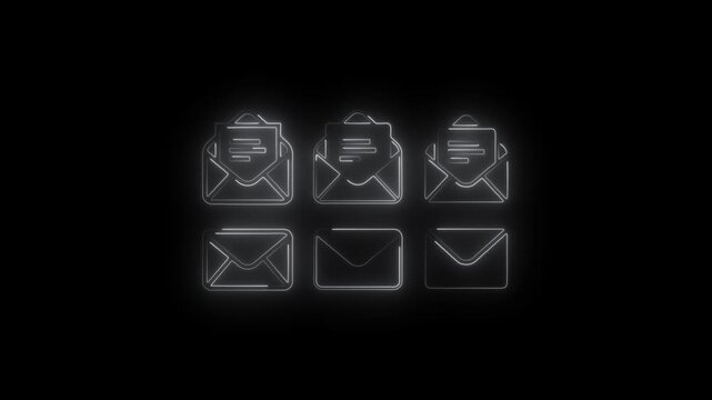  features a set of glowing neon email and message icons, including opened and closed envelopes with message symbols. The modern line illustration style represents email communication, inbox, 