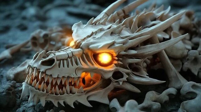 Skeletal dragon skull with glowing eyes resting on rocky landscape at dusk