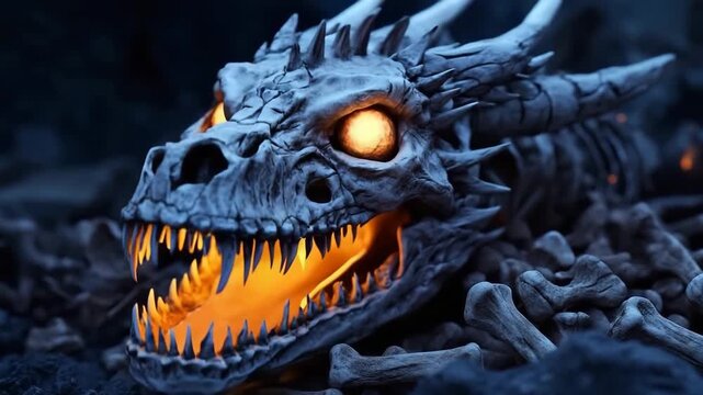 Skeletal dragon skull with glowing eyes resting on rocky landscape at dusk