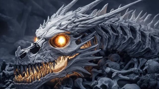 Skeletal dragon skull with glowing eyes resting on rocky landscape at dusk
