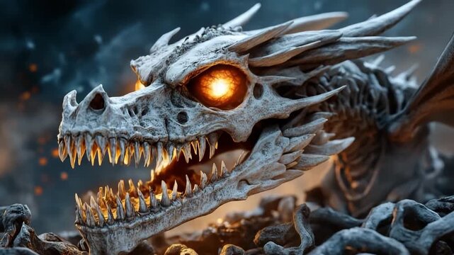 Skeletal dragon skull with glowing eyes resting on rocky landscape at dusk