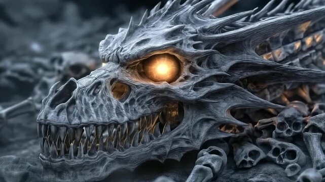Skeletal dragon skull with glowing eyes resting on rocky landscape at dusk
