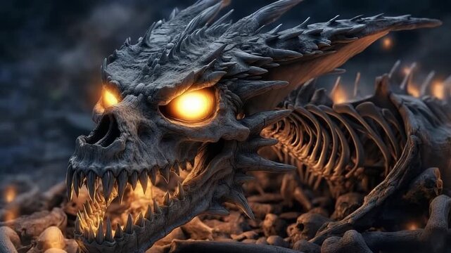 Skeletal dragon skull with glowing eyes resting on rocky landscape at dusk