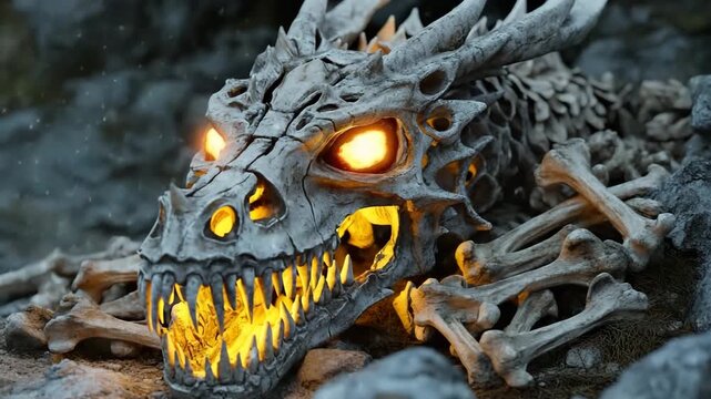 Skeletal dragon skull with glowing eyes resting on rocky landscape at dusk