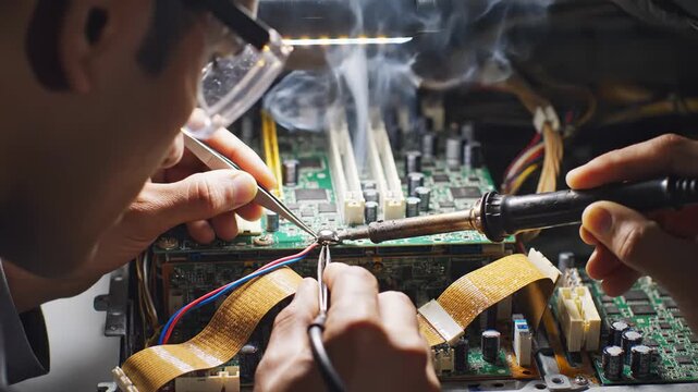 Electronics Technician Soldering Wires on Computer Circuit Board Repair