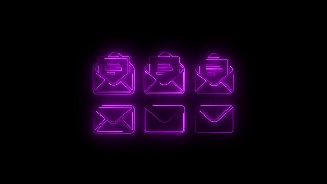  features a set of glowing neon email and message icons, including opened and closed envelopes with message symbols. The modern line illustration style represents email communication, inbox, 