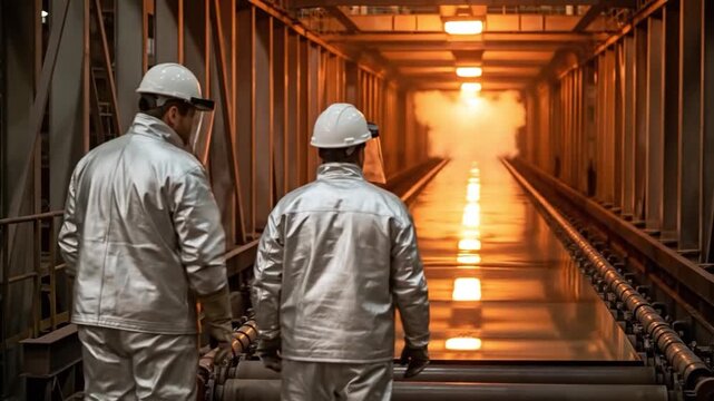 Industrial Workers in Protective Gear Observing a Factory Environment with Illuminated Pathway