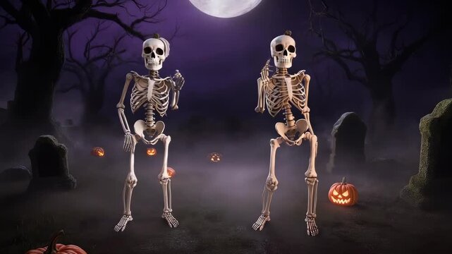Spooky skeletons dance under a full moon in a graveyard