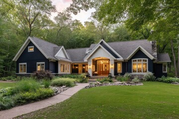 Obraz premium Elegant dark blue home with stone accents and a stone path, surrounded by lush greenery