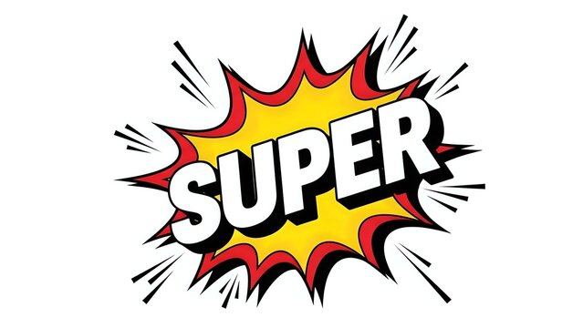 Comic book style super burst explosion with bold white text on colorful starburst background isolated on white for graphic design and promotional materials. - Powered by Adobe