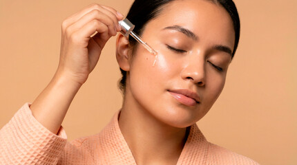 Fototapeta premium Woman applying facial serum with dropper to her glowing, hydrated skin for skincare routine against a soft beige background