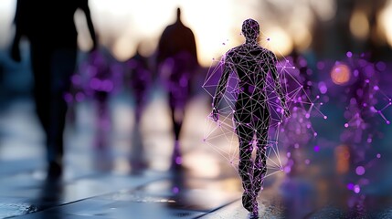 Digital wireframe human figure running with purple network connections and glowing particles in urban environment for technology concepts.