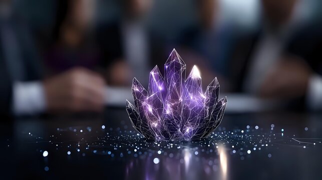 Purple crystal cluster with magical glowing particles and light effects on dark surface creating mystical energy atmosphere for fantasy designs.