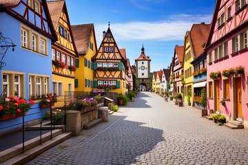 Obraz premium Traditional medieval half timbered houses lining a cobblestone street in rothenburg ob der tauber, bavaria, germany, creating a charming and picturesque scene