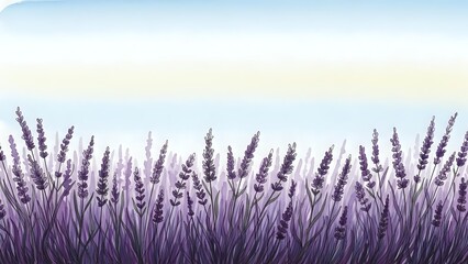 Fototapeta premium Purple lavender field with soft pastel sky background for aromatherapy wellness spa and natural beauty product designs.