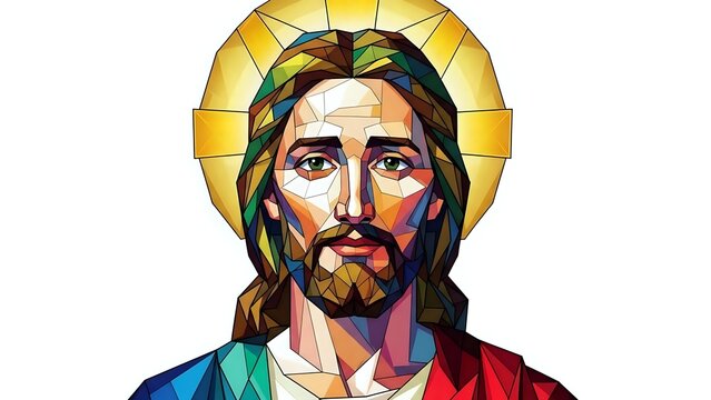 Stained glass style portrait of Jesus Christ with golden halo and colorful robes, religious art for spiritual designs and church decorations.