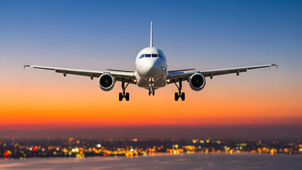 Obraz premium Airplane approaches landing with city lights shimmering beneath twilight sky