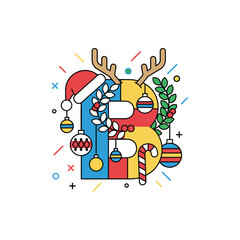 Naklejka premium A festive letter B illustration with Christmas decorations including a Santa hat, reindeer antlers, ornaments, holly, and a candy cane, set against a white background.
