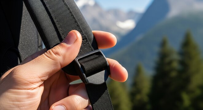 Close-up of Hand Grasping a Buckle on a Backpack in Scenic Mountain Landscape