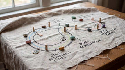 A linen cloth displays a future timeline, marked with stones and wooden figures, envisioning milestones like Sustainable Cities and Interstellar Travel.