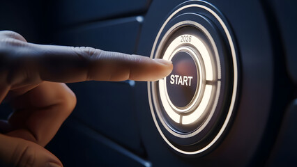 Initiate: A fingertip hovers just above a glowing START button, the anticipation of initiating action, innovation, or a new beginning.