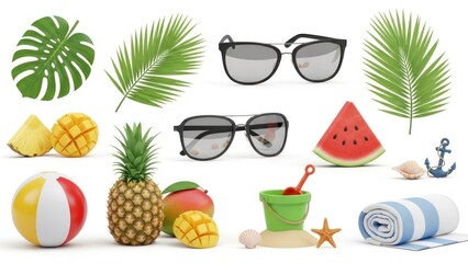 Summer objects fruits, leaves, beach accessories, and sunglasses isolated