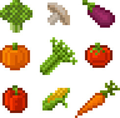 Fototapeta premium A set of vegetable icons or emoticons in a video game sprite pixel art style.
