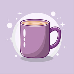 Illustration of a purple mug filled with a light brown liquid, set against a light purple background with white sparkles and circles.